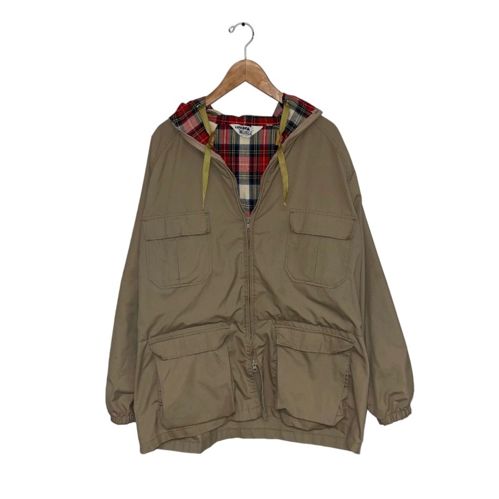 Woolrich Vintage Jacket Men's Size XL Beige Canvas Plaid Lined‎ Lightweight